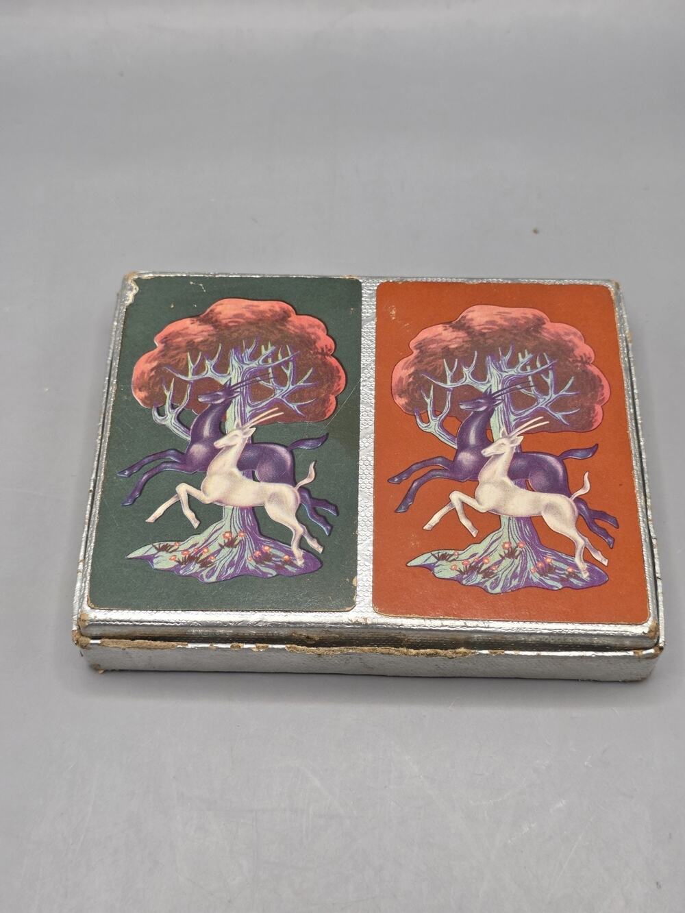 Vintage Art Nouveau Leaping Deer Playing Cards Double Deck Set Art Deco Box